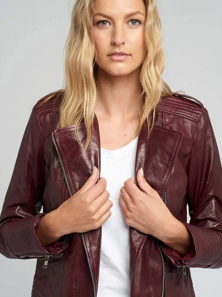 Women’s Dark Maroon Asymmetric Cafe Racer Leather Jacket