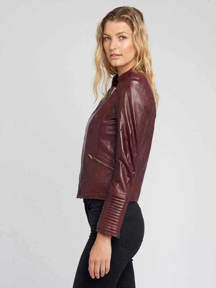 Women’s Dark Maroon Asymmetric Cafe Racer Leather Jacket