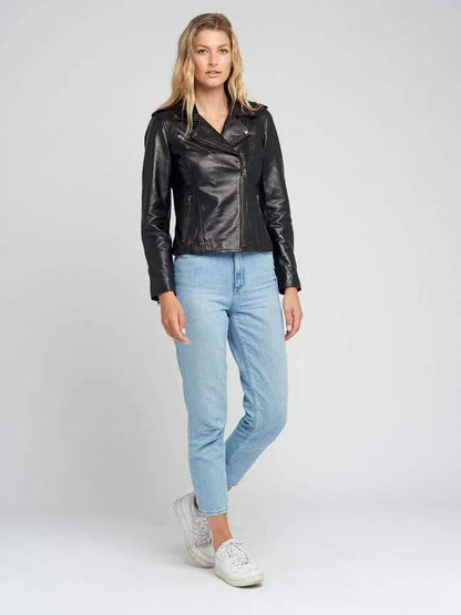 Ella Biker Asymmetrical Notch Collar Womens Leather Jacket