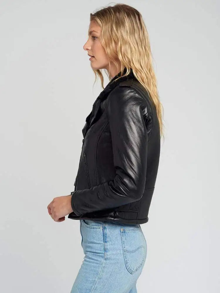 Ave Black Fur Biker Leather Jacket