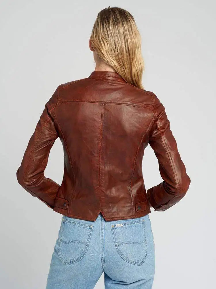 Jessy Brown Cafe Racer Stand Collar Leather Jacket