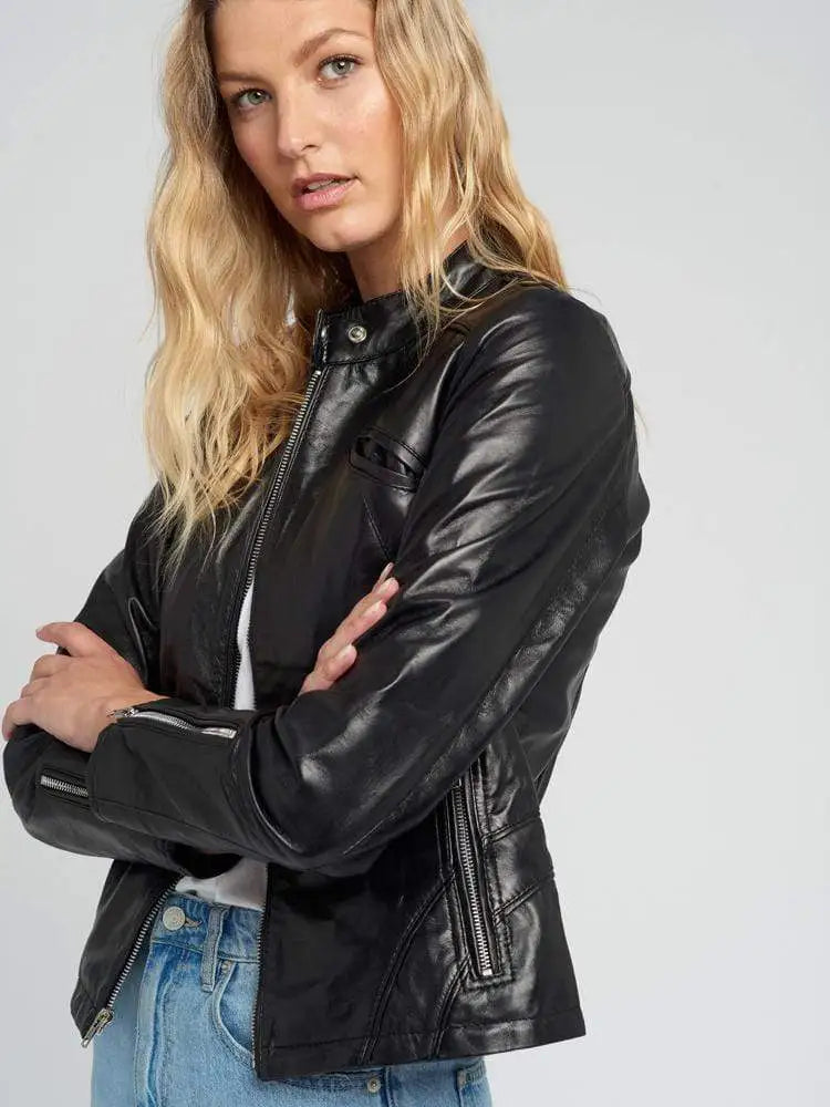 Womens Black Tab Collar Cafe Racer Black Leather Jacket