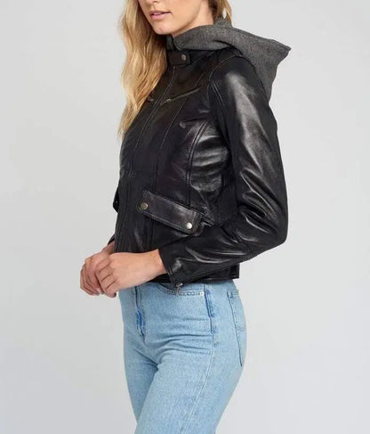 Kendra Hooded Black Cafe Racer Leather Jacket