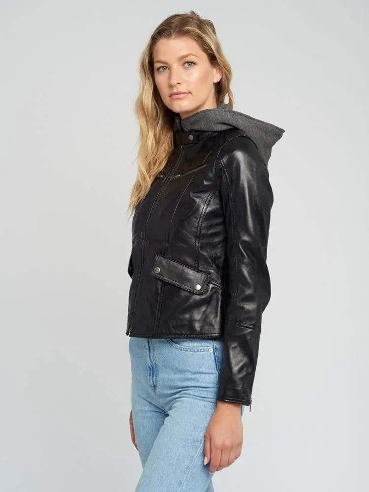 Kendra Hooded Black Cafe Racer Leather Jacket