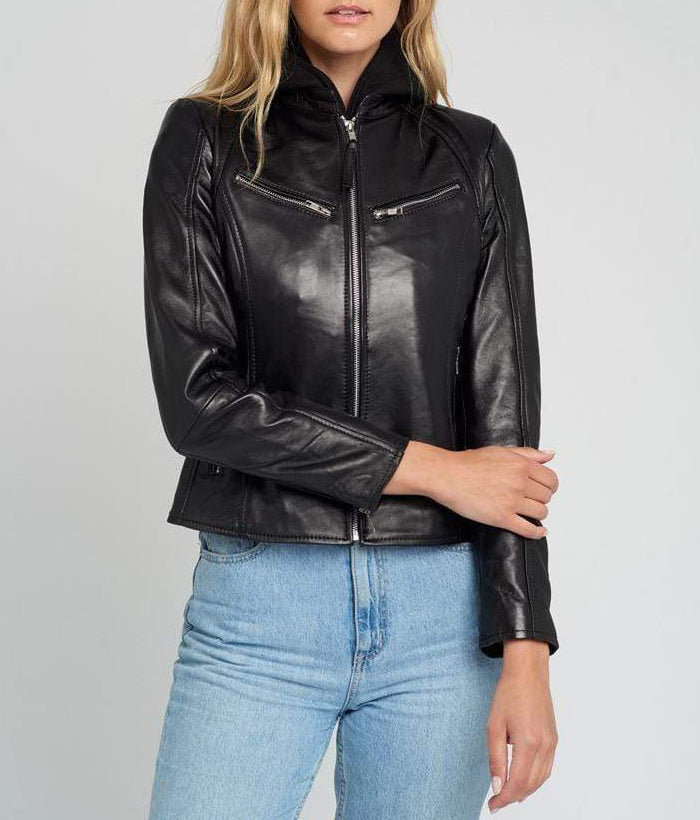 Callie Black Leather Cafe Racer Jacket