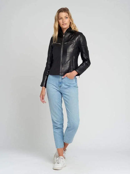Callie Black Leather Cafe Racer Jacket