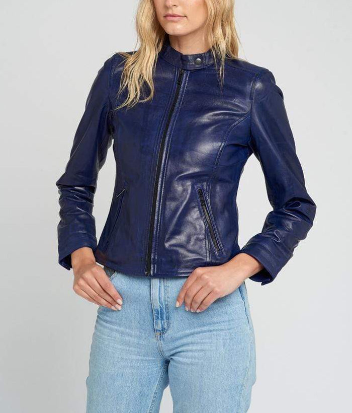 Jessy Blue Cafe Racer Stand Collar Leather Jacket