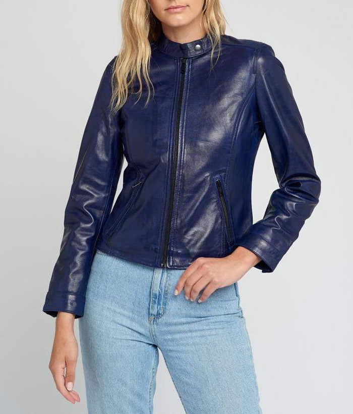 Jessy Blue Cafe Racer Stand Collar Leather Jacket