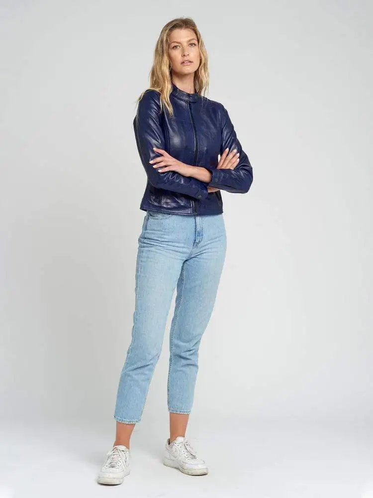 Jessy Blue Cafe Racer Stand Collar Leather Jacket