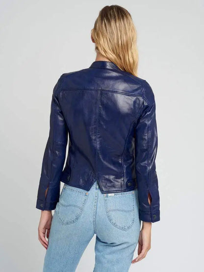 Jessy Blue Cafe Racer Stand Collar Leather Jacket
