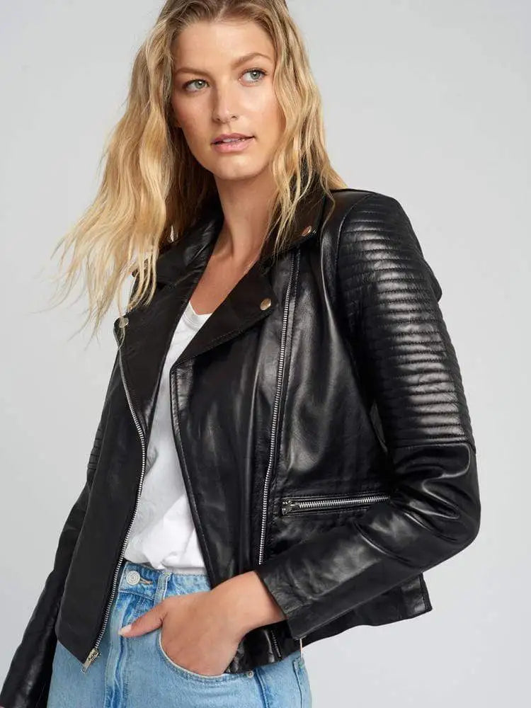 Ella Quilted Hands Black Biker Leather Jacket