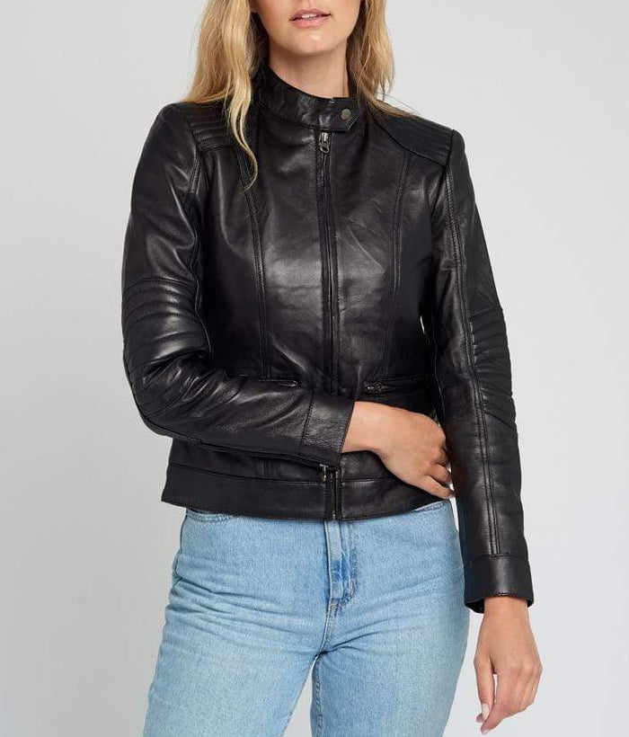 Women’s Quilted Shoulder Black Cafe Race Leather Jacket