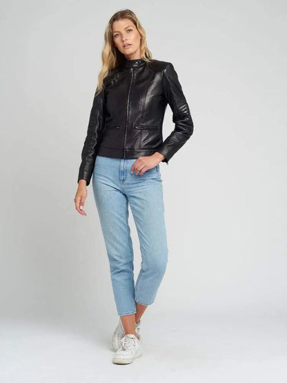Women’s Quilted Shoulder Black Cafe Race Leather Jacket