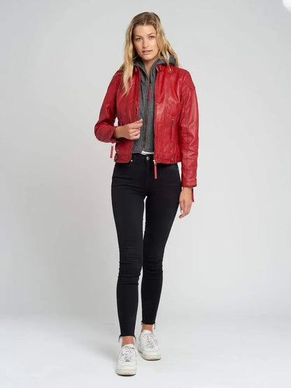 Eliza Red Removable Hooded Leather Jacket