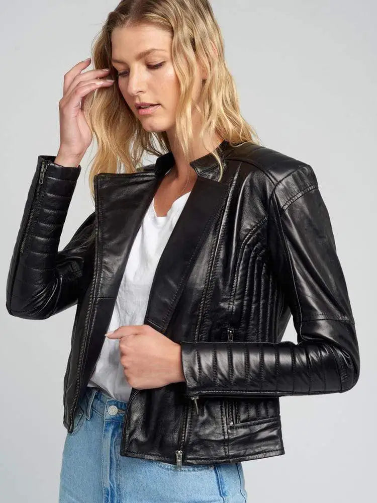 Eve Vintage Cafe Racer Quilted Black Leather Jacket