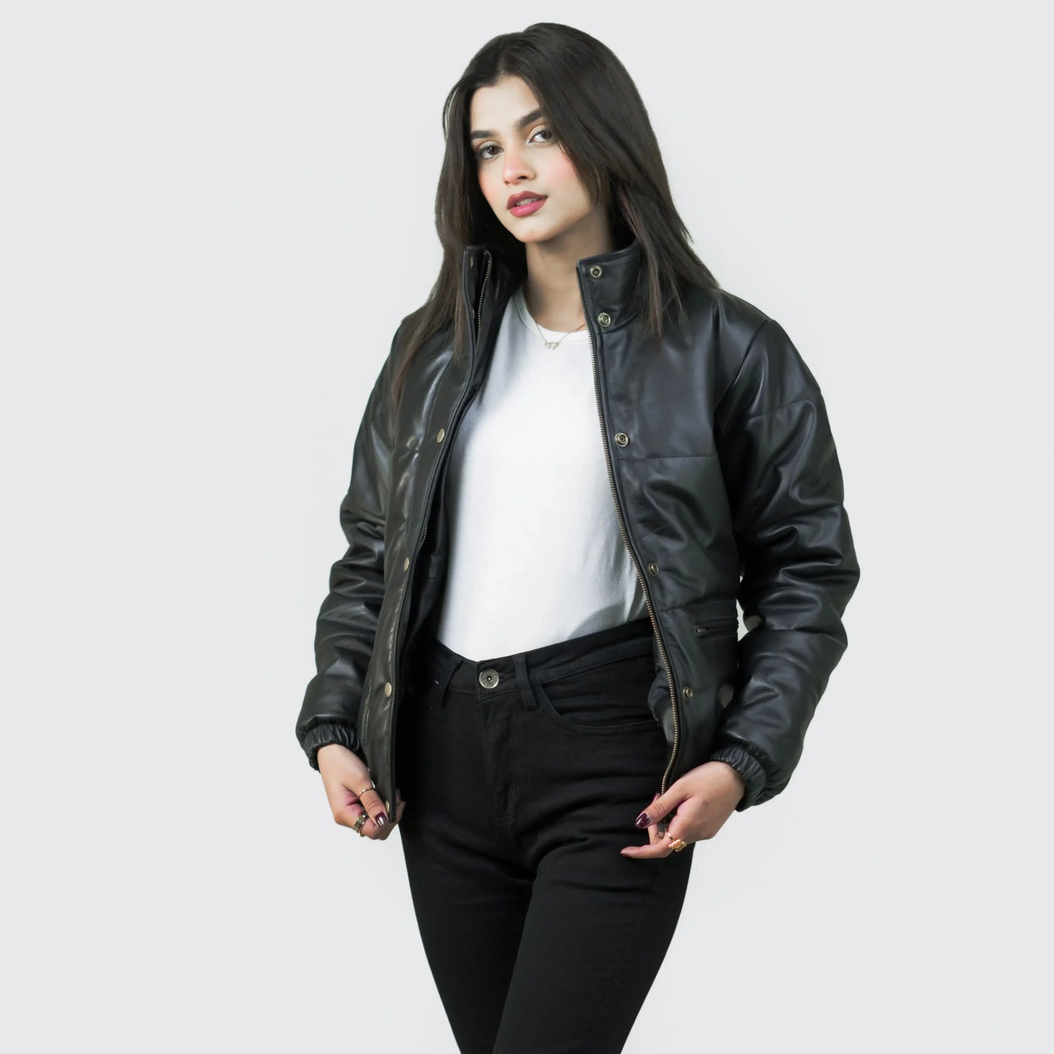 Women’s Puffer Stand Collar Black Leather Jacket