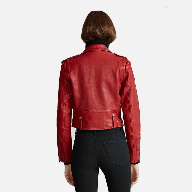 Women’s Moto Real Red Leather Jacket – Biker Red Jacket