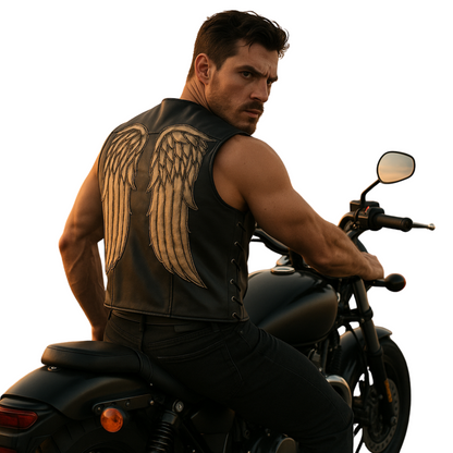 Handmade Black Leather Angel Wings Vest: Biker Cosplay Streetwear