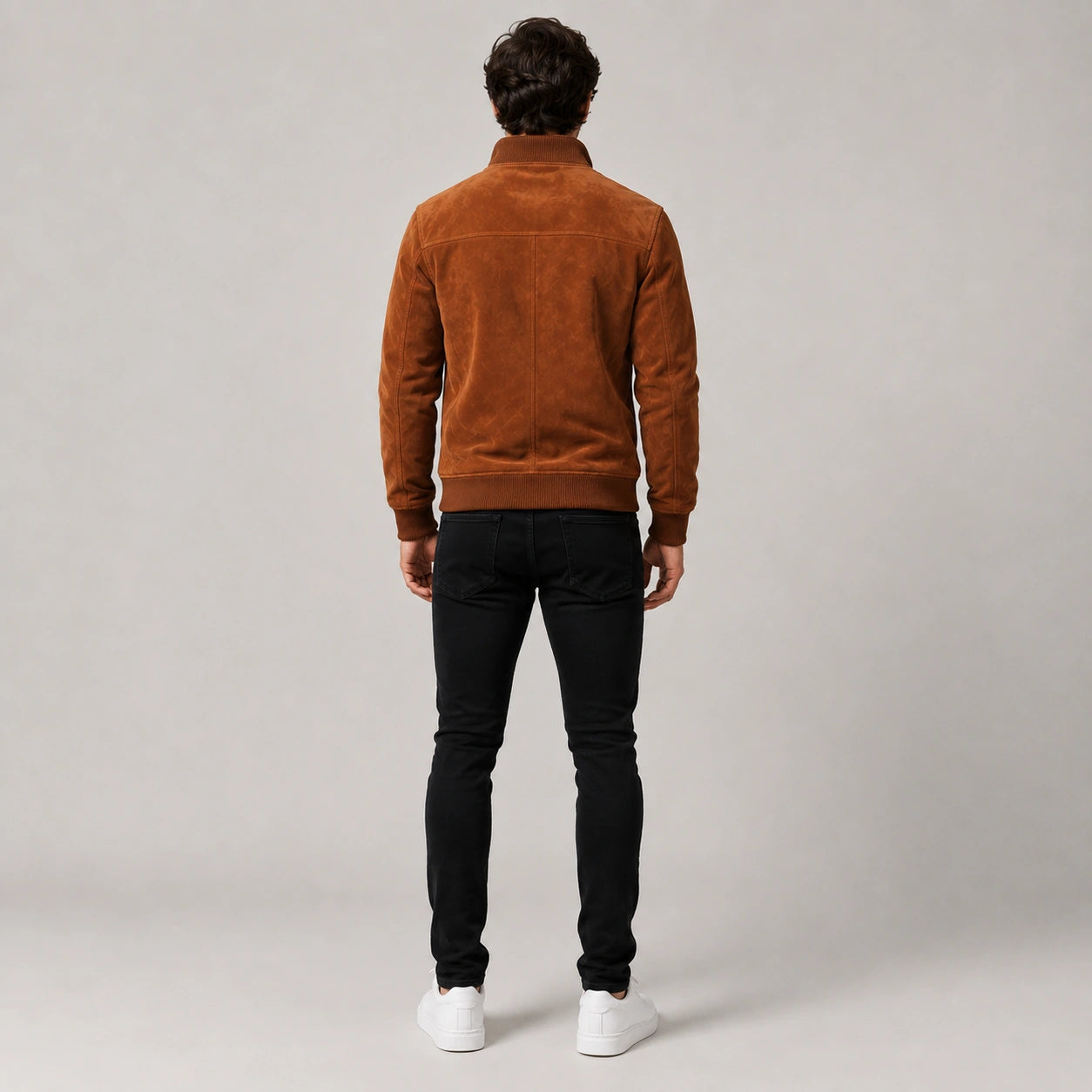Model Wearing Men's Cognac Genuine Lambskin Suede Bomber Jacket