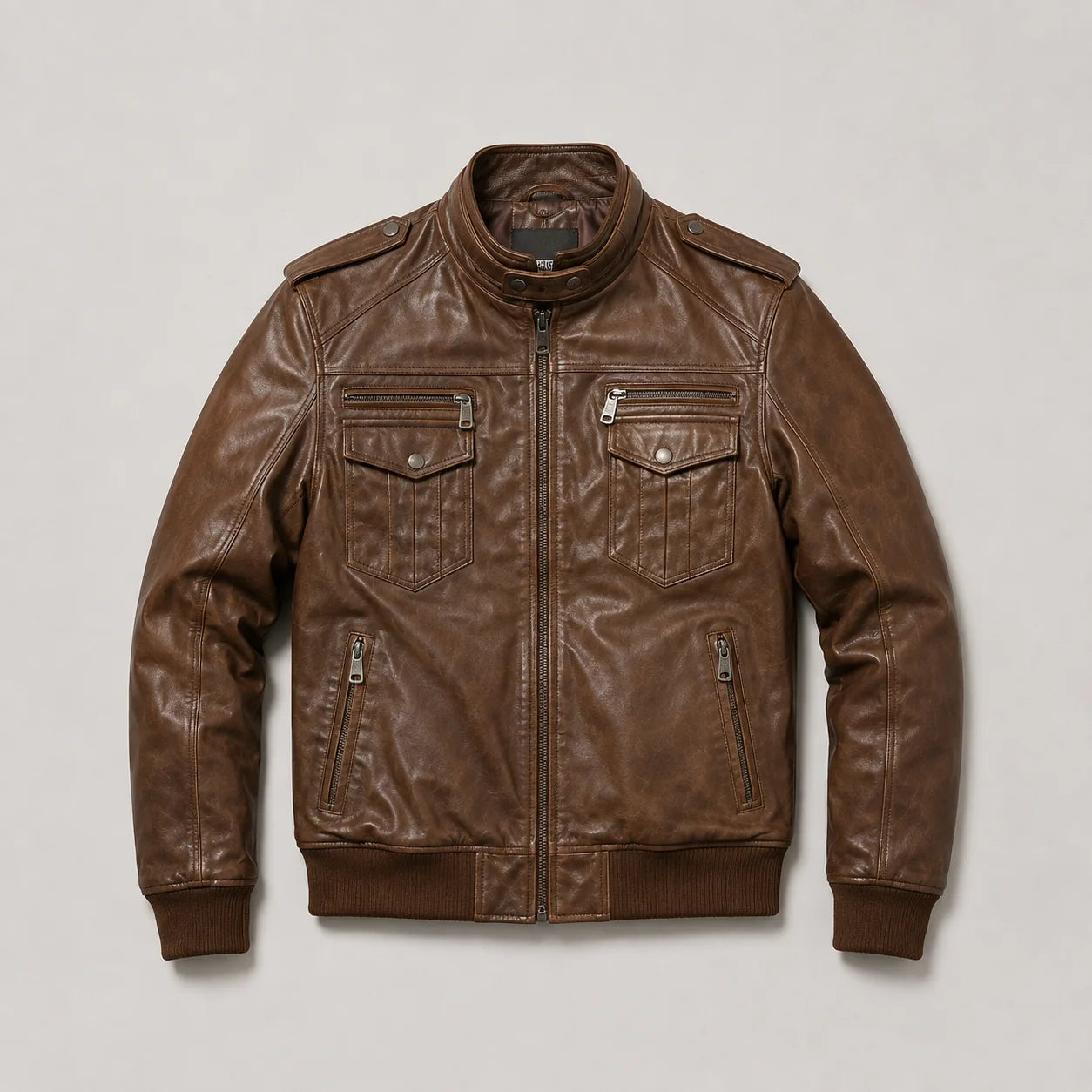 Men's Vintage Brown Genuine Leather Cafe Racer Jacket | Premium Lambskin