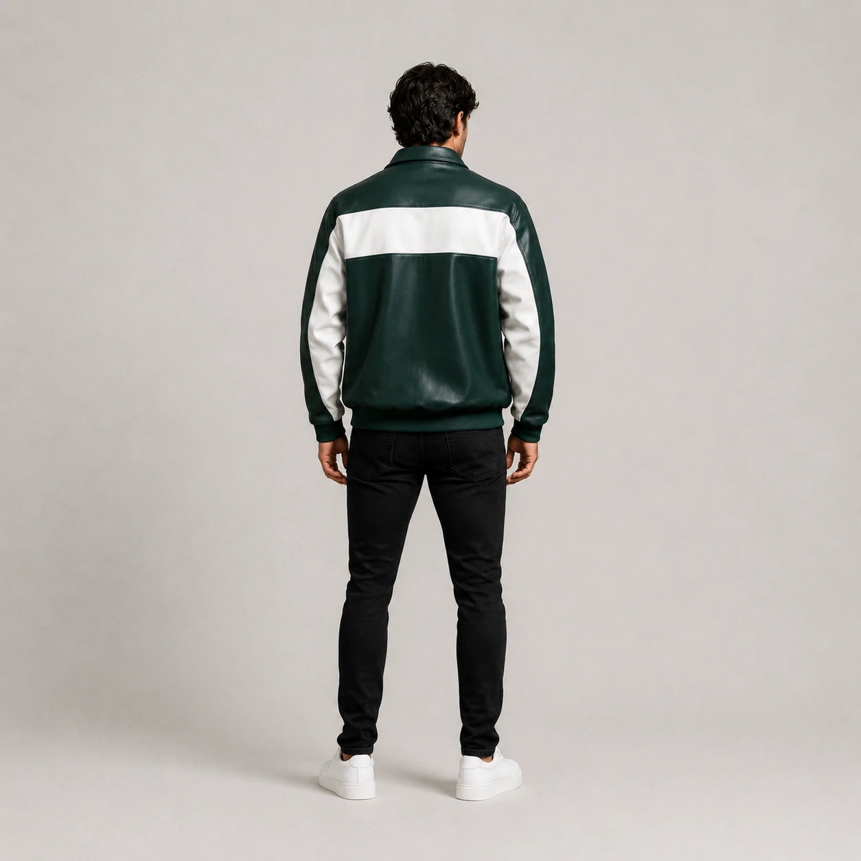 Back View of Men's Green & White Genuine Leather Bomber Jacket