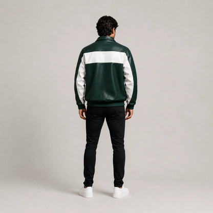 Back View of Men's Green & White Genuine Leather Bomber Jacket