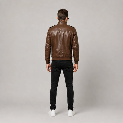 Men's Vintage Brown Genuine Leather Cafe Racer Jacket | Premium Lambskin