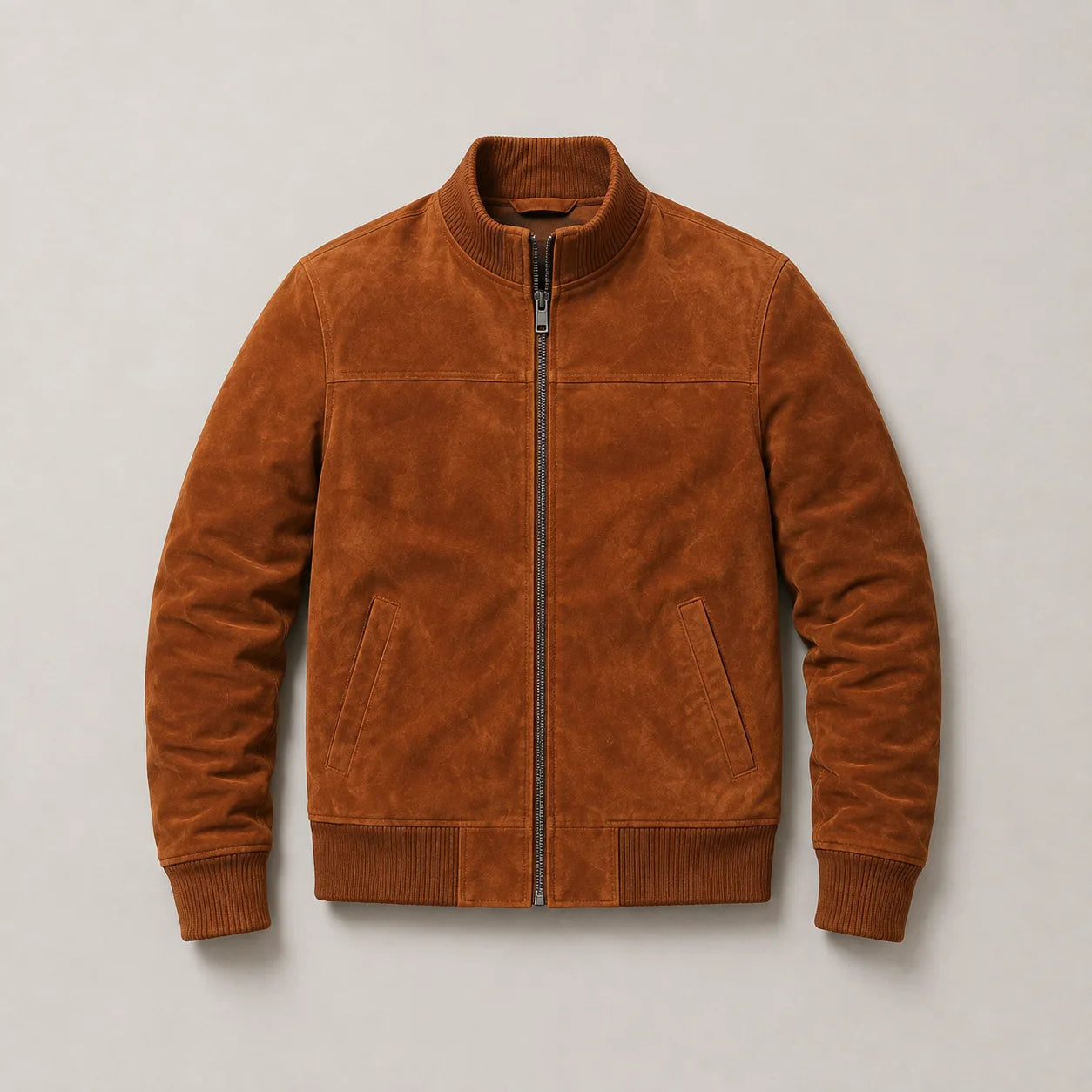 Men's Cognac Genuine Lambskin Suede Bomber Jacket Front View