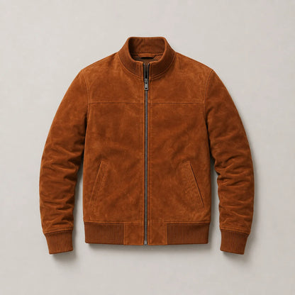 Men's Cognac Genuine Lambskin Suede Bomber Jacket Front View