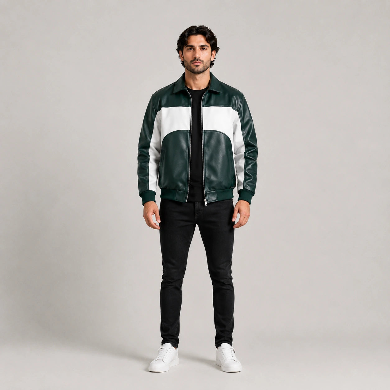 Men's Green & White Genuine Leather Bomber Jacket on Male Model