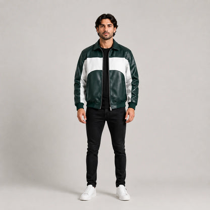 Men's Green & White Genuine Leather Bomber Jacket on Male Model
