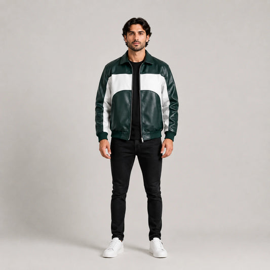Men's Green & White Genuine Leather Bomber Jacket on Male Model