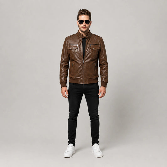 Men's Vintage Brown Genuine Leather Cafe Racer Jacket | Premium Lambskin
