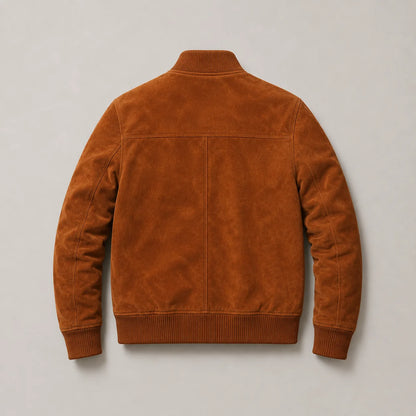 Men's Cognac Genuine Lambskin Suede Bomber Jacket Back View