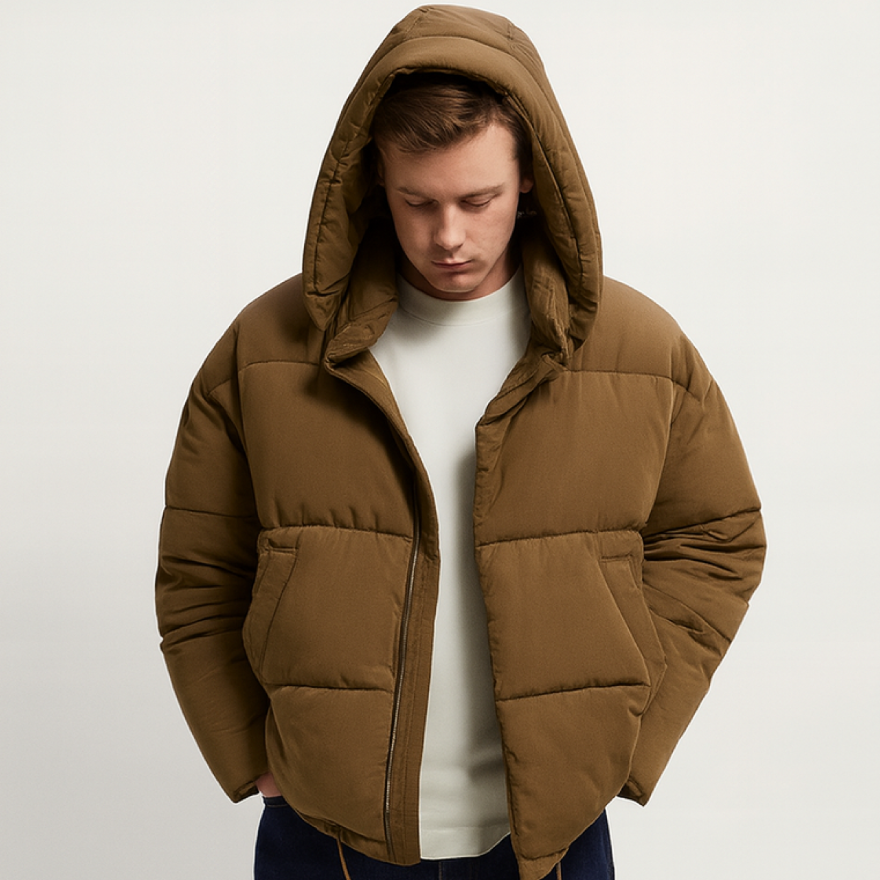 Mustard Brown Quilted Puffer Jacket with Hood