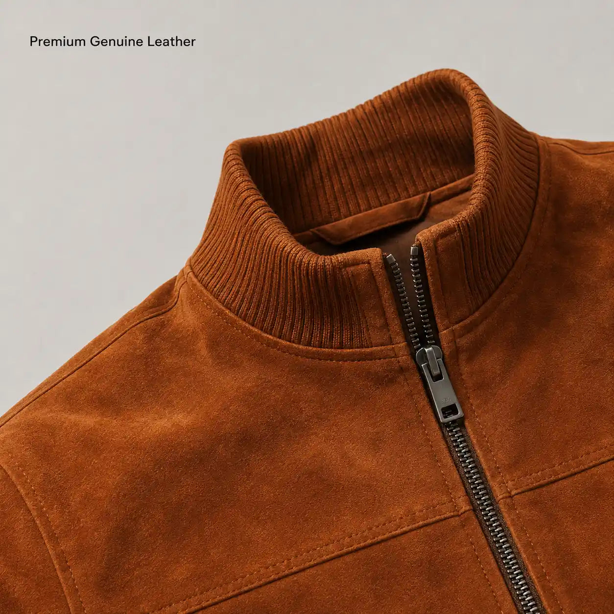 Premium Rib Knit Collar on Men's Cognac Genuine Lambskin Suede Bomber Jacket
