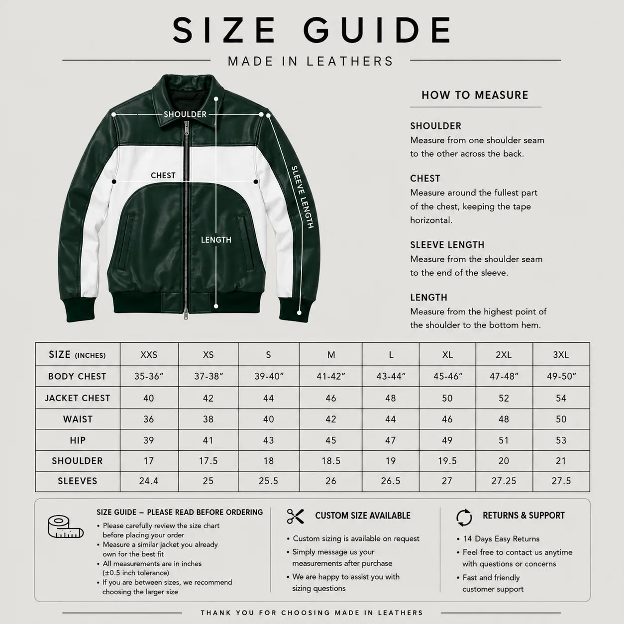 A size guide infographic for Made in Leathers apparel, featuring a small chest measurement diagram, measurement instructions, and a size chart table from XXS to 3XL with body chest, jacket chest, waist, hip, and shoulder measurements.