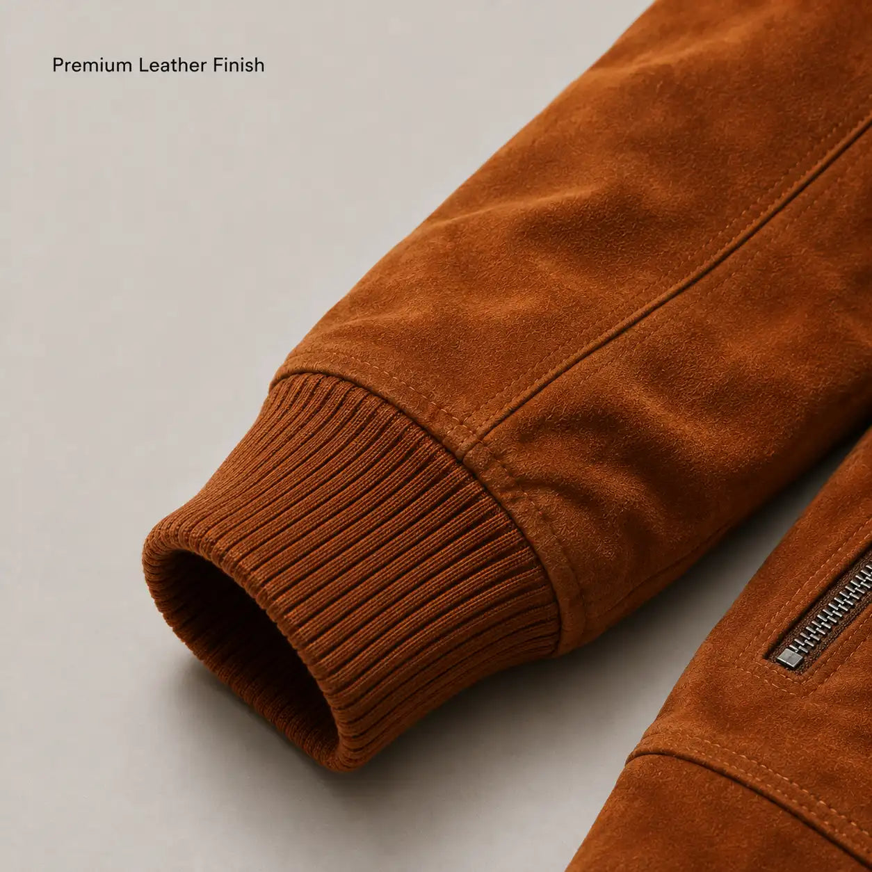 Premium Rib Knit Cuffs on Men's Cognac Genuine Lambskin Suede Bomber Jacket
