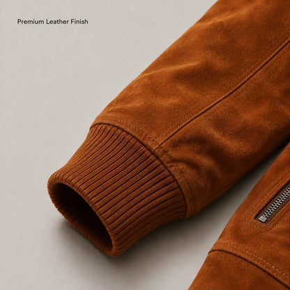 Premium Rib Knit Cuffs on Men's Cognac Genuine Lambskin Suede Bomber Jacket