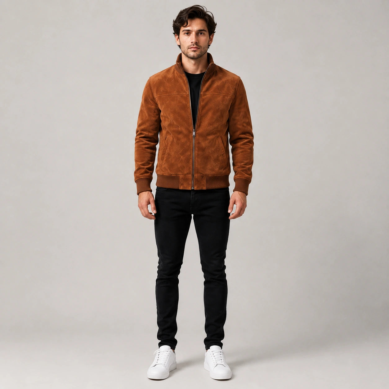 Men's Cognac Genuine Lambskin Suede Bomber Jacket