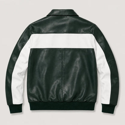 Men's Green & White Two-Tone Leather Bomber Jacket 