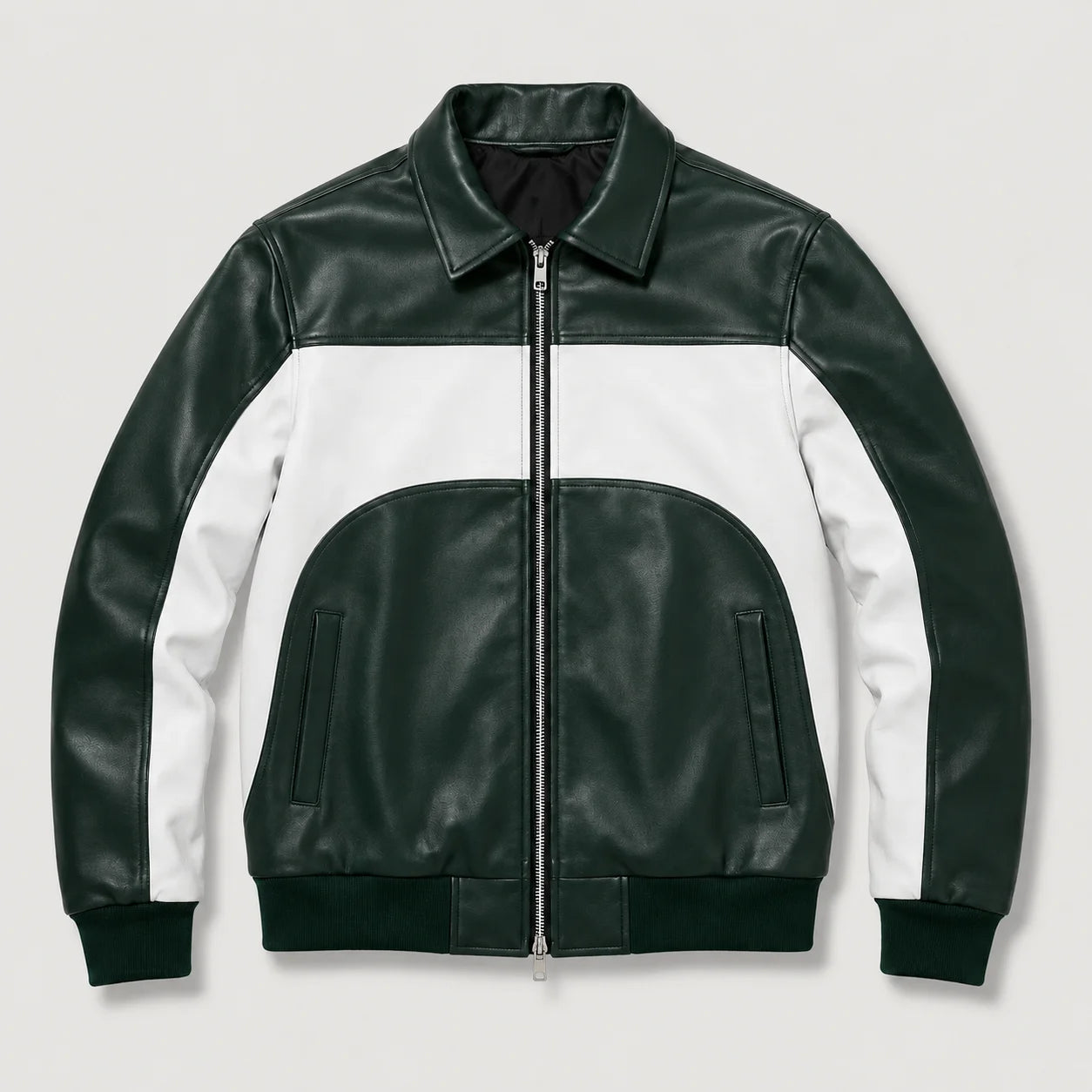 Men's Green & White Two-Tone Leather Bomber Jacket 