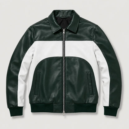 Men's Green & White Two-Tone Leather Bomber Jacket 
