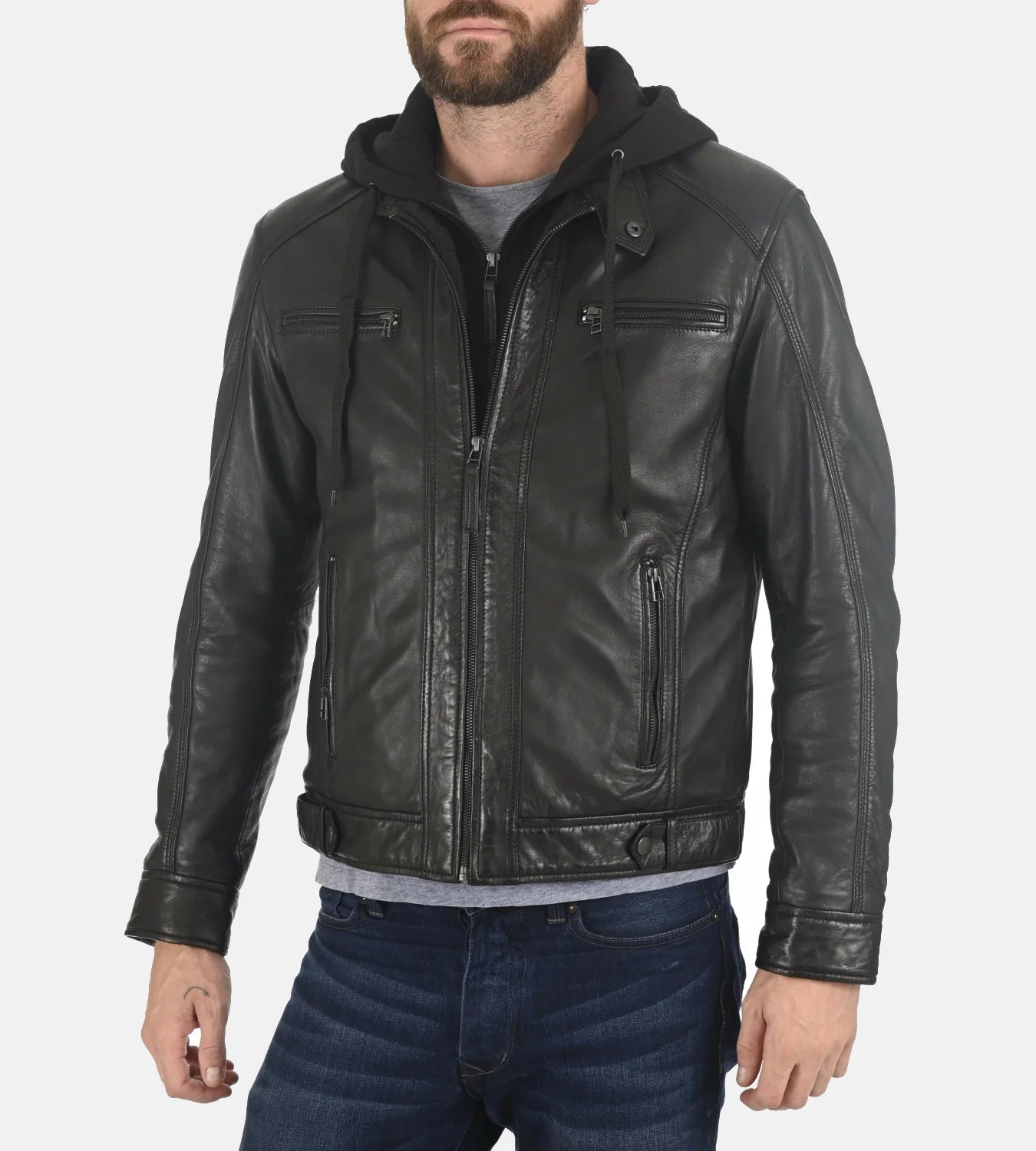 Men’s Erico Jacobstowe Hooded Black Genuine Lambskin Leather Jacket
