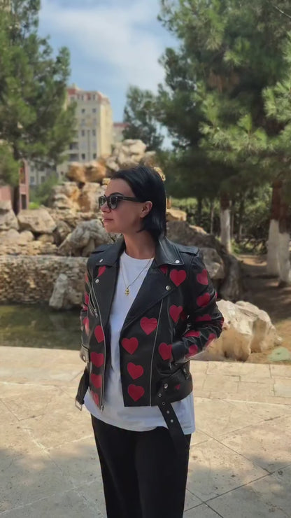 Women’s Leather Biker Coat, Jacket with Red Print – Valentine Gift for Her