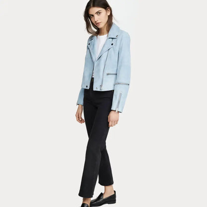 Womens Pale Blue Suede Biker Leather Jacket