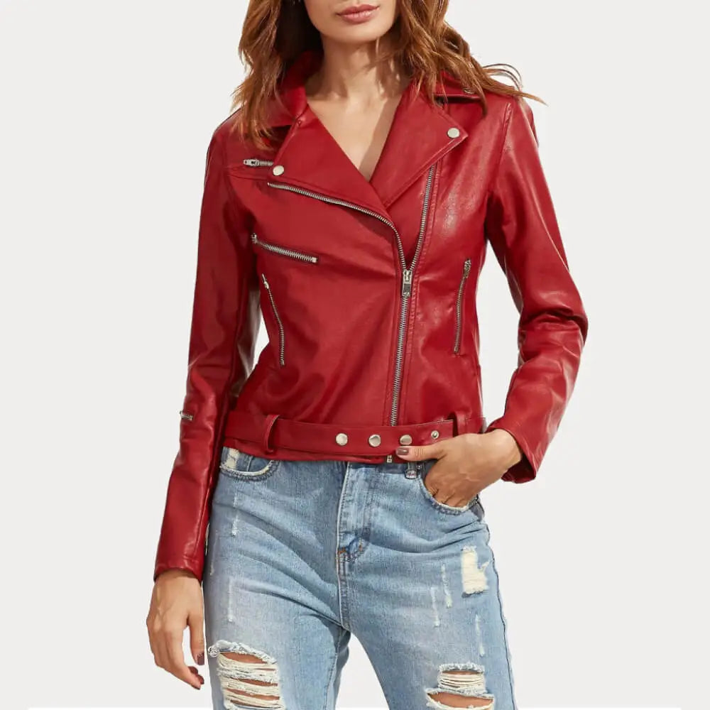 Womens Red Slim Fit Biker Leather Jacket